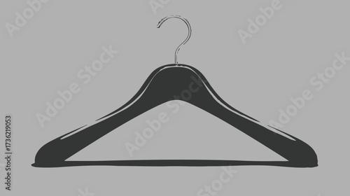 Empty black clothes hanger with a shiny metal hook, perfect for fashion, retail, and wardrobe storage concepts, isolated on grey.