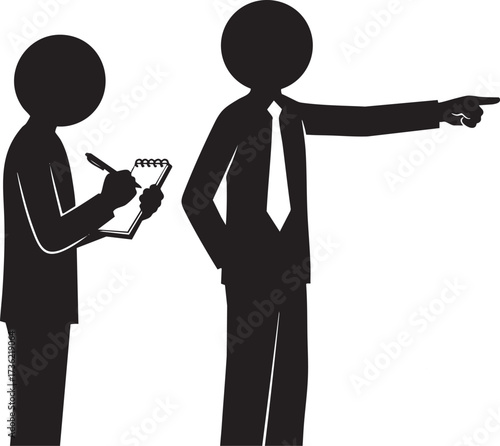 Dynamic business leader directing team vision, while employee takes notes, perfect for corporate strategy and team management visuals, impactful and effective