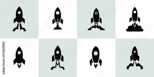 Several rocket icons are arranged in a grid format, showcasing different designs and orientations in a clean monochrome style on a light background.