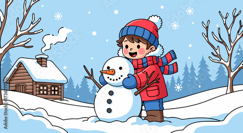 Cute cartoon boy in red hat and scarf happily building a snowman in a snowy winter landscape with a cozy log cabin in the background, evoking holiday cheer