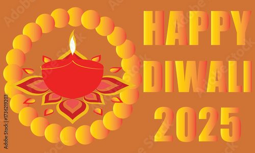 Happy Diwali 2025 greeting with festive Diya.Colorful Diwali 2025 greeting card featuring traditional oil lamp diya with decorative rangoli design on a bright festive background.EPS 10/ AI.