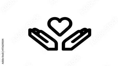 Hands holding heart outline icon. Symbol of love, care, charity, compassion, support, donation, and kindness.