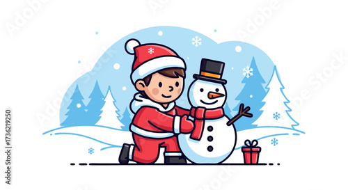 A cheerful boy in a Santa suit builds a snowman with a hat and scarf, surrounded by a snowy winter landscape and a gift box, celebrating the holiday spirit of Christmas