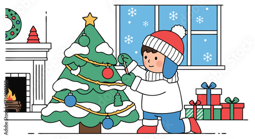 A young child happily decorating a beautifully adorned Christmas tree with ornaments and surrounded by festive gifts, embodying the spirit of holiday joy and seasonal celebration
