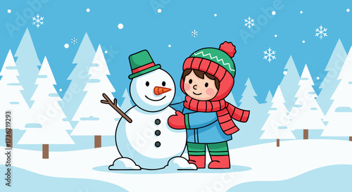 Cute child wearing warm winter clothes and hat happily builds a snowman in a snowy forest with pine trees and falling snowflakes