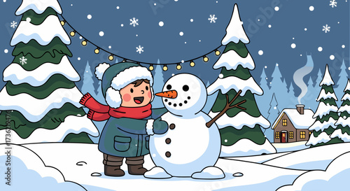 A child in winter clothes happily building a snowman in a snowy forest illuminated by string lights, with a cozy house in the background