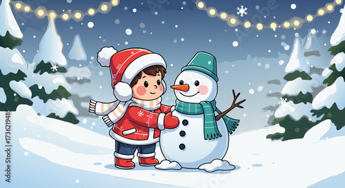 A child wearing a red coat and Santa hat happily builds a snowman in a snowy winter landscape with festive string lights illuminating the scene
