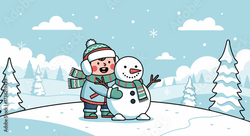 A cheerful cartoon child in winter clothing is building a snowman in a snowy landscape with pine trees and clouds under a light blue sky