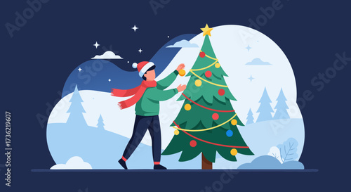A person dressed in winter attire is decorating a Christmas tree with ornaments and lights, set against a snowy landscape with stylized trees and a starry night sky
