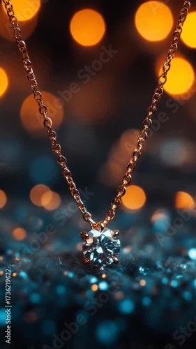 A golden chain holds a brilliant, faceted diamond pendant against a bokeh background