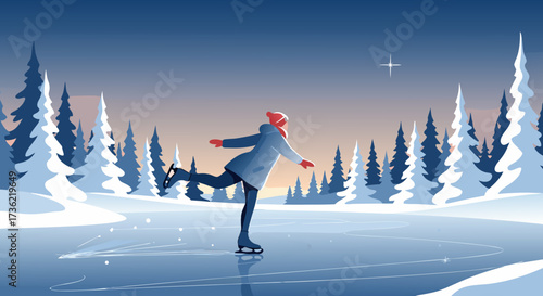 A person ice skating on a frozen lake surrounded by snow-covered trees under a starry winter sky, evoking a sense of joyful winter recreation and peaceful natural beauty