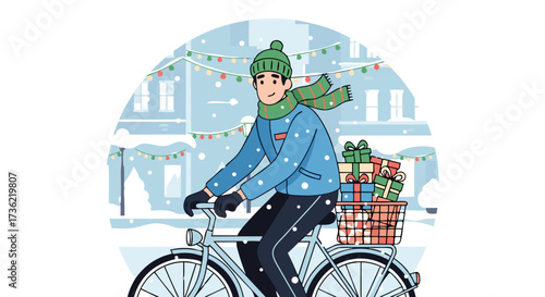A cheerful person on a bicycle with a basket full of gifts, decorated with festive lights, delivering presents during a gentle snowfall in a charming winter town