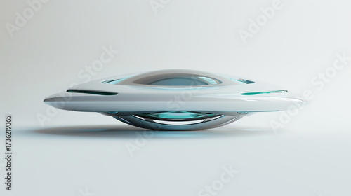 Sleek futuristic ufo isolated on white background, featuring a streamlined design, transparent dome, and advanced technology, hinting at interstellar travel