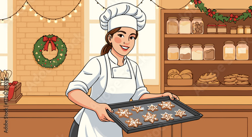 Festive baker presents freshly baked snowflake cookies on a tray, wearing a chef's hat and apron, with a Christmas wreath and shelves of ingredients in the background