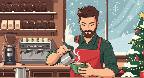 A cheerful barista creates a steaming cup of coffee behind a counter in a cozy cafe decorated for the holiday season with a Christmas tree and falling snow