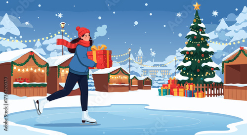 Happy woman ice skating with a gift at a festive Christmas market with stalls and decorated trees in the snow, enjoying winter holidays