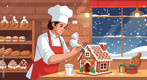Baking a festive gingerbread house in a cozy bakery on a snowy winter evening, decorated with icing and candies, perfect for holiday celebrations and sweet treats