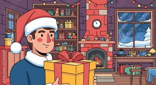 A smiling man in a Santa hat holds a large yellow gift box with a red ribbon, preparing for a festive holiday celebration in a cozy room decorated with Christmas lights and a fireplace