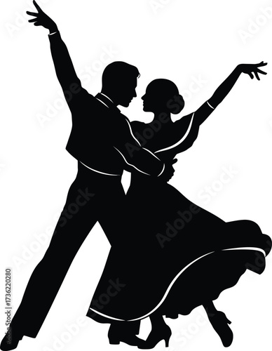 Silhouette of a couple dancing ballroom dance with arms raised and flowing dress