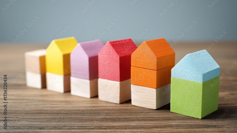 Obraz premium A row of colorful wooden toy houses on a wooden table.