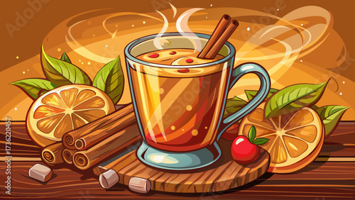 Very beautiful close  up A clear mug of hot apple cider with apple slices and cinnamon sticks on a brown surface, with scattered cinnamon powder and steam rising.