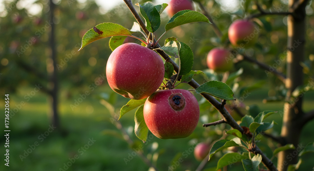 Obraz premium Ripe red apples on a tree branch in an orchard with sunlight filtering through the leaves