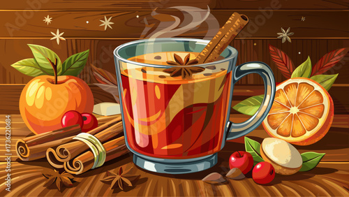 Very beautiful close  up A clear mug of hot apple cider with apple slices and cinnamon sticks on a brown surface, with scattered cinnamon powder and steam rising.