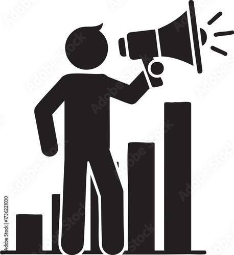 Powerful leader announces positive growth with megaphone on rising bar graph, ideal for business strategy and motivational presentations