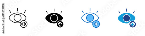Eye Health Multiple Style Icon Design Vector - Eye with medical cross, representing vision health, medical care, or ophthalmology