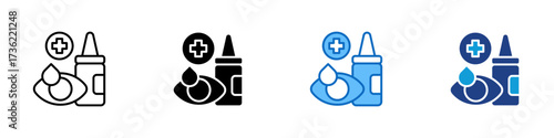 Eye Drops Multiple Style Icon Design Vector - Eye with drop and bottle, representing eye drops, treatment, or optical care