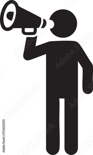 Stick figure speaks with megaphone, announcement icon for promotion, attention, news, and communication needs, simple, modern, and minimalist style