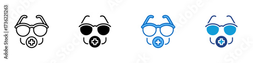 Eye Protection Multiple Style Icon Design Vector - Glasses with medical cross, symbolizing protective eyewear, safety goggles, or medical vision care