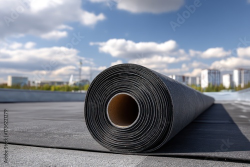 Roll of EPDM Roofing Material Laying on Flat Roof