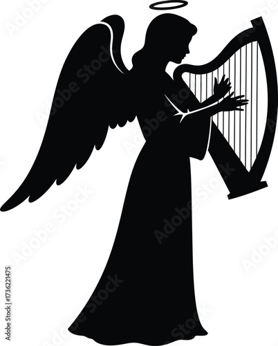 Silhouette of an Angel with Wings Playing a Harp vector illustration