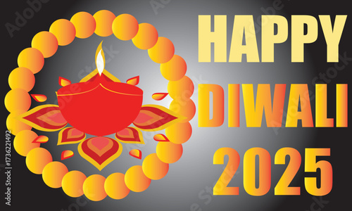 Happy Diwali 2025 greeting with festive Diya.Colorful Diwali 2025 greeting card featuring traditional oil lamp diya with decorative rangoli design on a bright festive background.EPS 10/ AI.