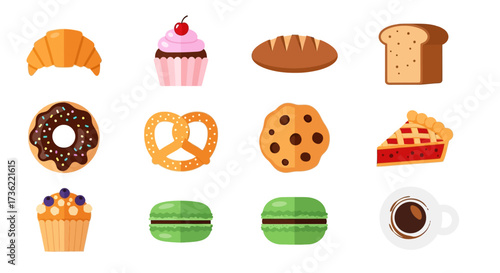 Flat Style Collection of Delicious Pastry and Dessert Sweet Food