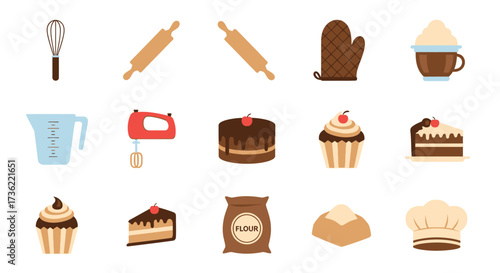 Flat Simple Baking and Cooking Tools with Sweet Dessert Cake Illustration