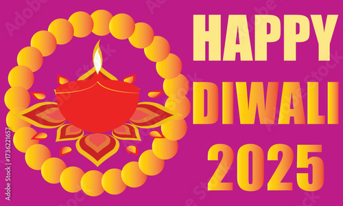 Happy Diwali 2025 greeting with festive Diya.Colorful Diwali 2025 greeting card featuring traditional oil lamp diya with decorative rangoli design on a bright festive background.EPS 10/ AI.