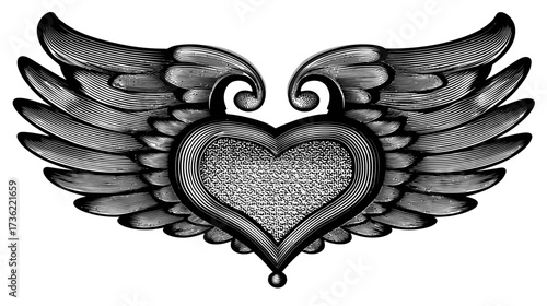 Elegant monochrome heart with graceful wings, intricate detail and texture, symbolizing love, emotion, and freedom.