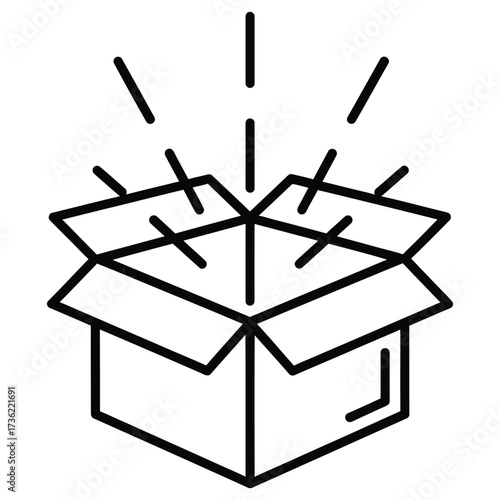 Open box with light rays concept of surprise, gift, present, delivery, unboxing, or special offer simple line art vector illustration