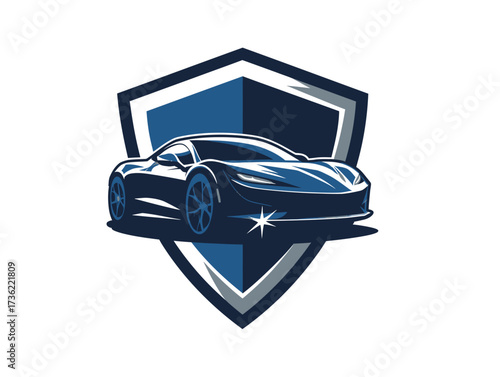 Creative design features a sleek sports car in blue tones, set against a shield background, highlighting speed and innovation in automotive aesthetics.