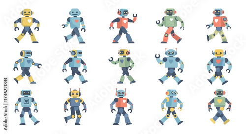 Flat Style Diverse Robot Character Collection With Heart Symbol Decoration