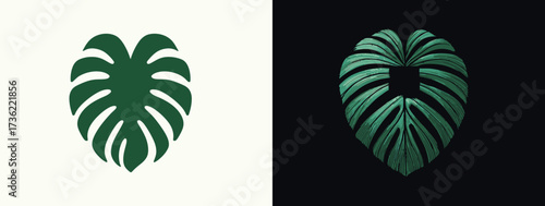 A creative design shows a heart-shaped leaf split into two sections, one light and one dark, showcasing a unique artistic style.