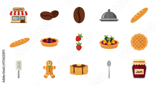 Flat Design Delicious Sweet Food Element Bakery and Confectionery Icon Set