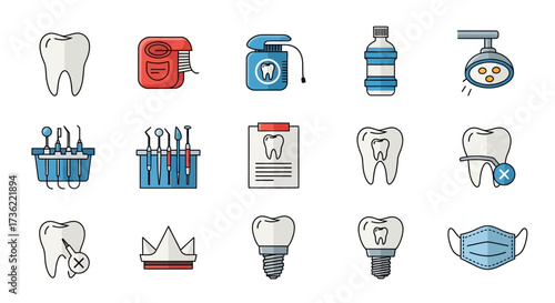Flat Line Dental Care and Hygiene Icon Set for Healthcare Services