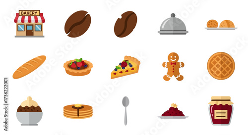 Flat Style Delicious Food and Sweet Dessert Items Illustration Element Set