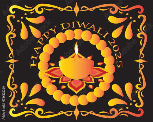 Happy Diwali 2025 greeting with festive Diya.Colorful Diwali 2025 greeting card featuring traditional oil lamp diya with decorative rangoli design on a bright festive background.EPS 10/ AI.