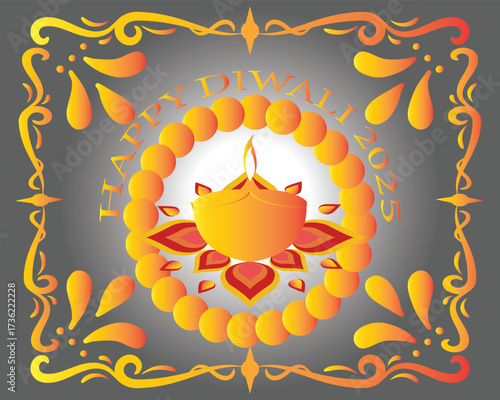 Happy Diwali 2025 greeting with festive Diya.Colorful Diwali 2025 greeting card featuring traditional oil lamp diya with decorative rangoli design on a bright festive background.EPS 10/ AI.