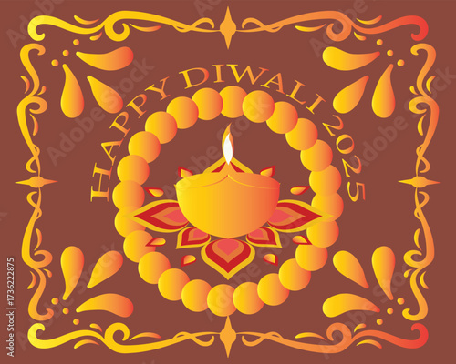 Happy Diwali 2025 greeting with festive Diya.Colorful Diwali 2025 greeting card featuring traditional oil lamp diya with decorative rangoli design on a bright festive background.EPS 10/ AI.