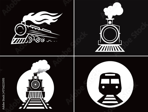 Multiple stylized train graphics feature classic steam locomotives and modern trains against contrasting backgrounds. Each design highlights the beauty of railway history.